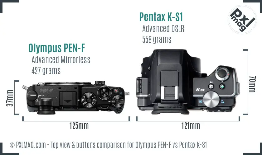 Olympus PEN-F vs Pentax K-S1 top view buttons comparison