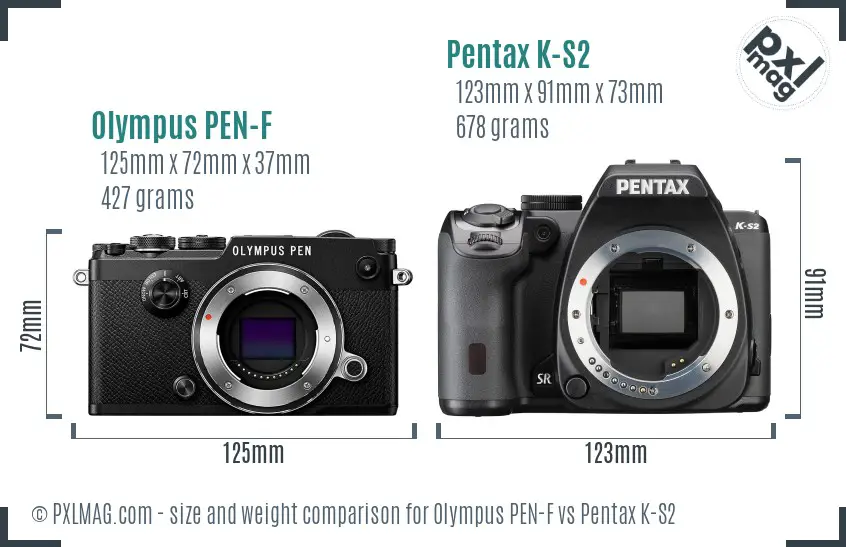 Olympus PEN-F vs Pentax K-S2 size comparison