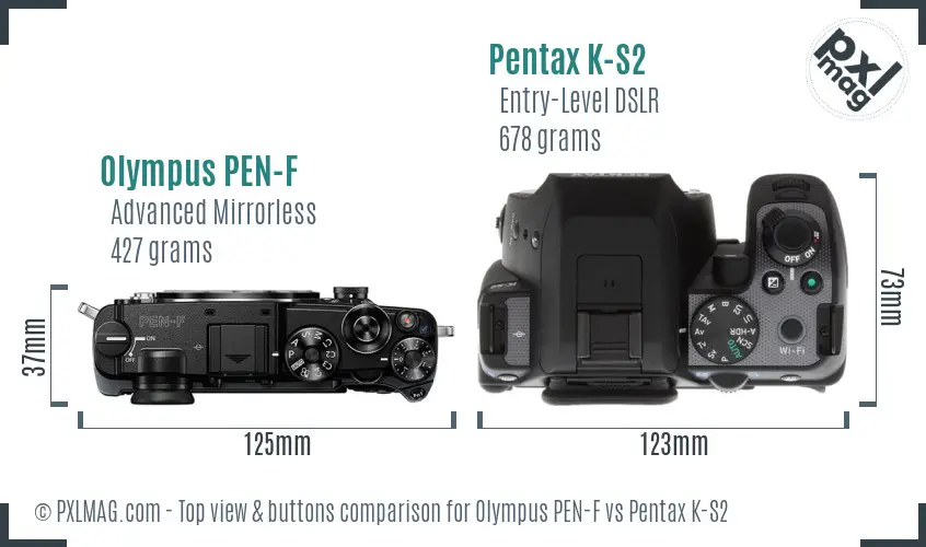 Olympus PEN-F vs Pentax K-S2 top view buttons comparison