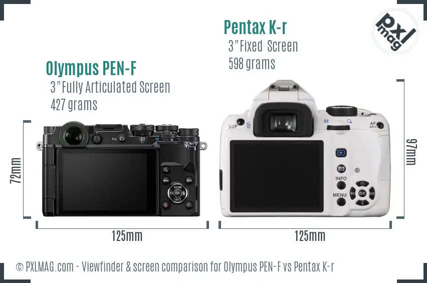 Olympus PEN-F vs Pentax K-r Screen and Viewfinder comparison
