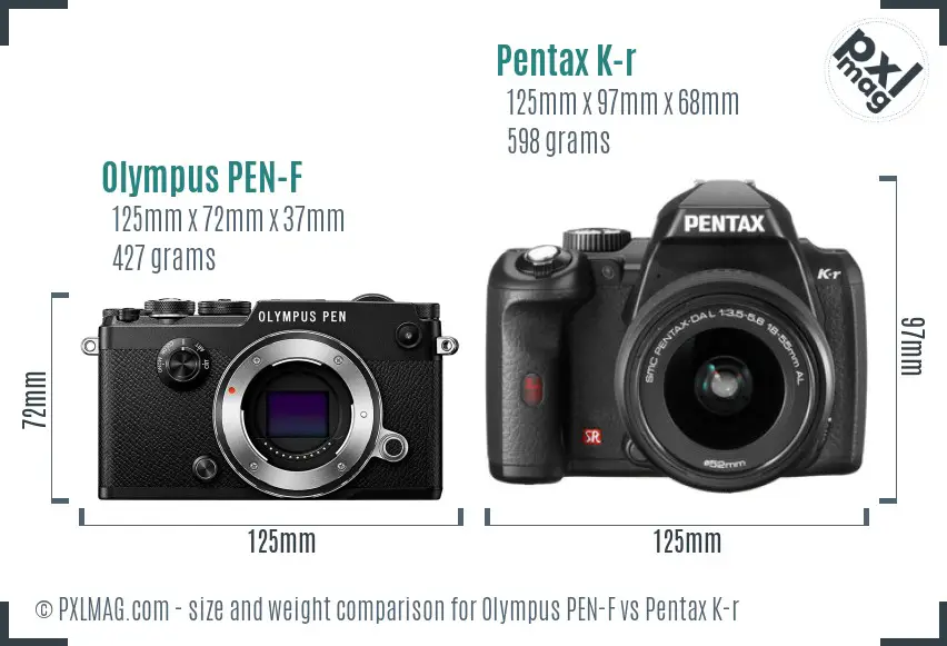 Olympus PEN-F vs Pentax K-r size comparison