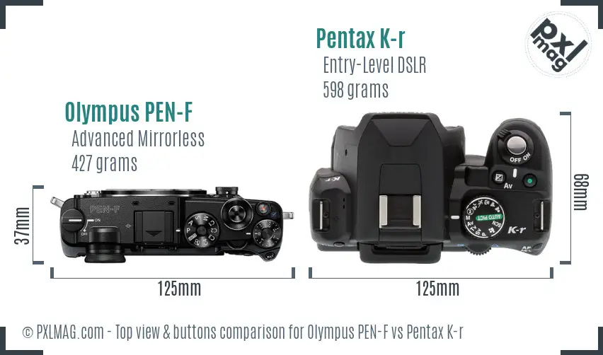 Olympus PEN-F vs Pentax K-r top view buttons comparison