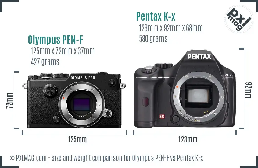 Olympus PEN-F vs Pentax K-x size comparison