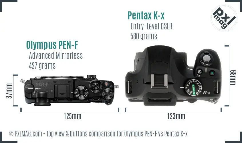 Olympus PEN-F vs Pentax K-x top view buttons comparison