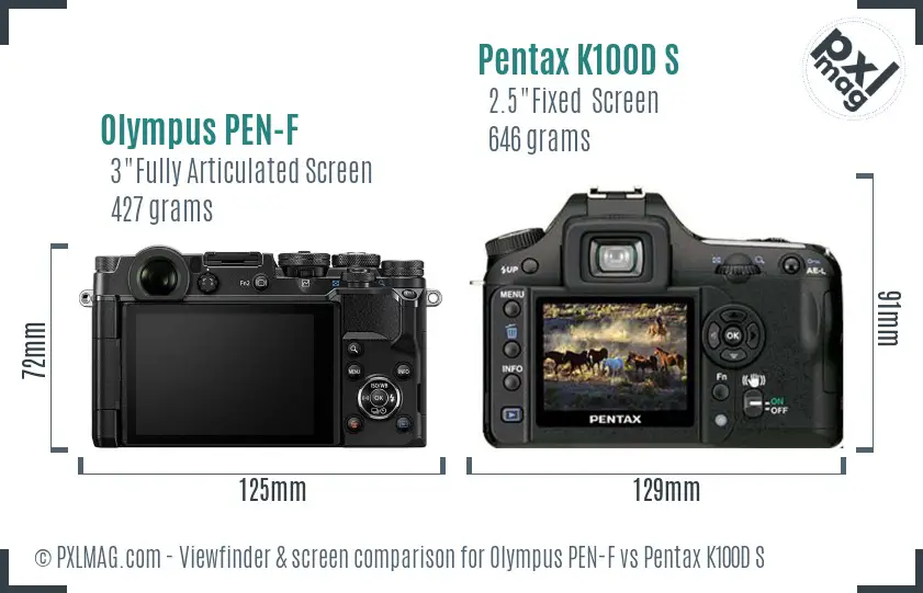 Olympus PEN-F vs Pentax K100D S Screen and Viewfinder comparison
