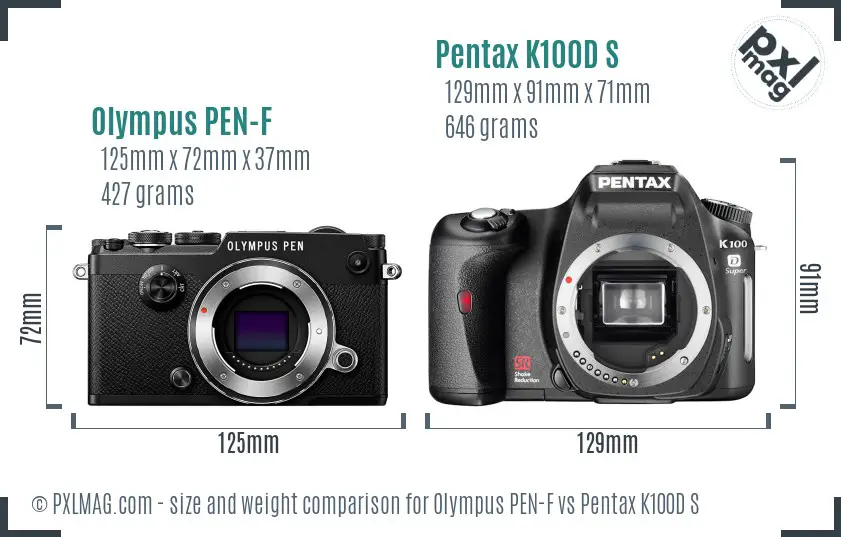 Olympus PEN-F vs Pentax K100D S size comparison