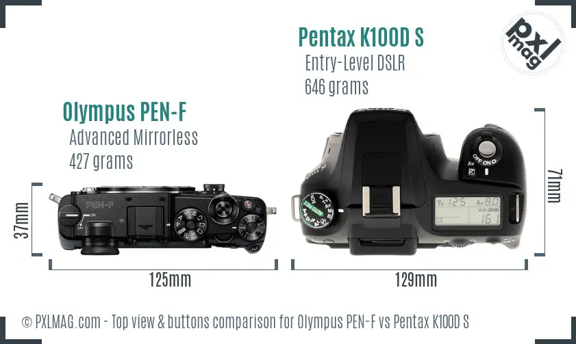 Olympus PEN-F vs Pentax K100D S top view buttons comparison