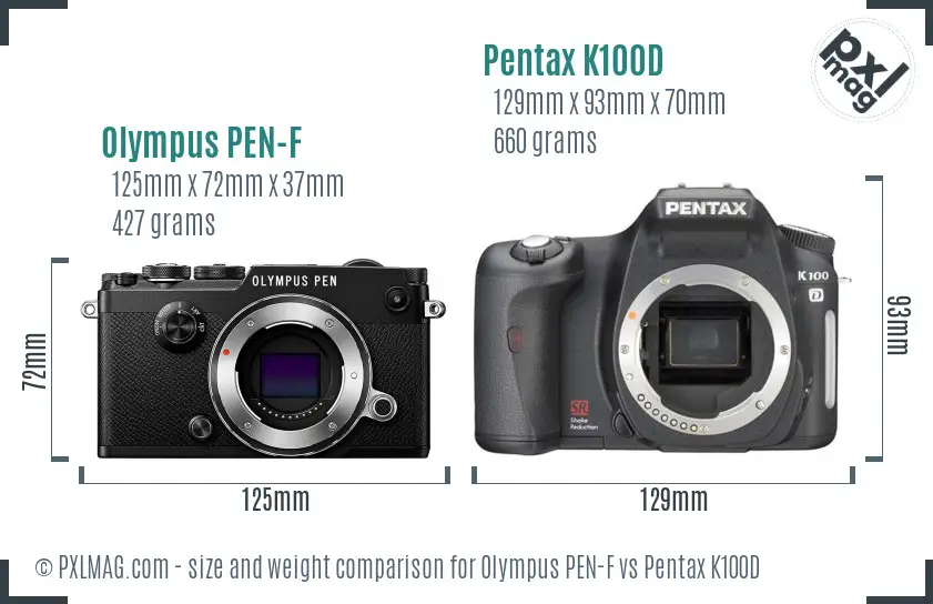 Olympus PEN-F vs Pentax K100D size comparison