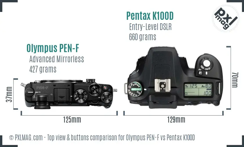 Olympus PEN-F vs Pentax K100D top view buttons comparison
