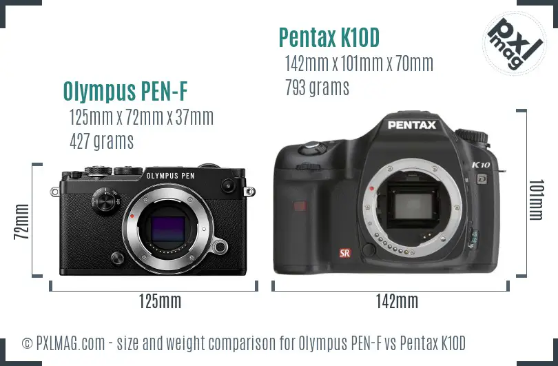 Olympus PEN-F vs Pentax K10D size comparison
