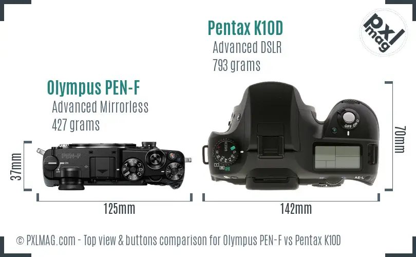 Olympus PEN-F vs Pentax K10D top view buttons comparison