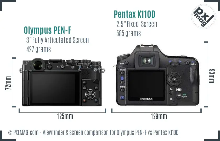 Olympus PEN-F vs Pentax K110D Screen and Viewfinder comparison