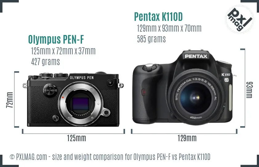 Olympus PEN-F vs Pentax K110D size comparison
