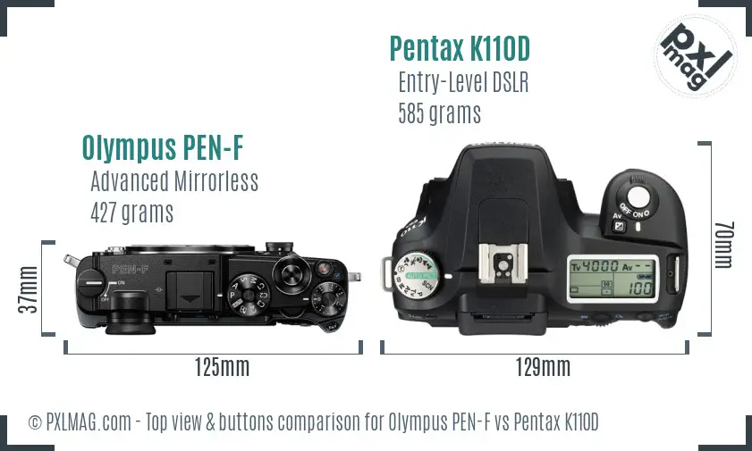 Olympus PEN-F vs Pentax K110D top view buttons comparison