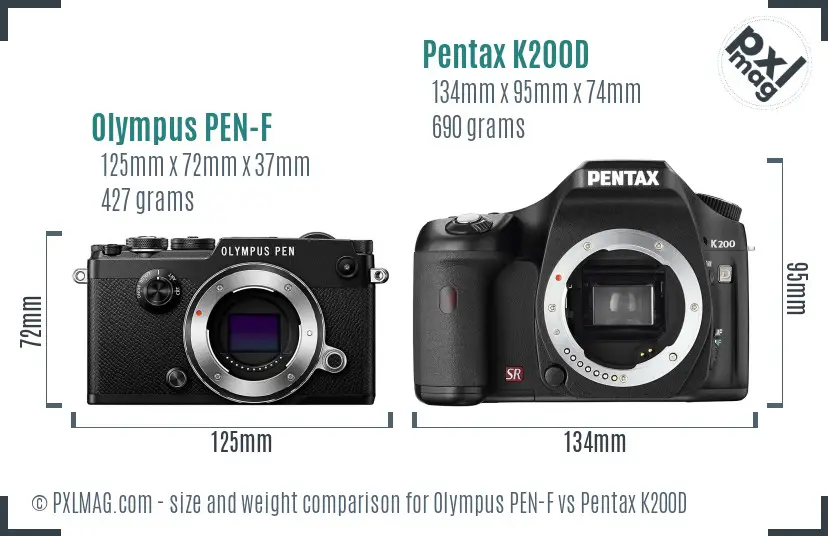 Olympus PEN-F vs Pentax K200D size comparison