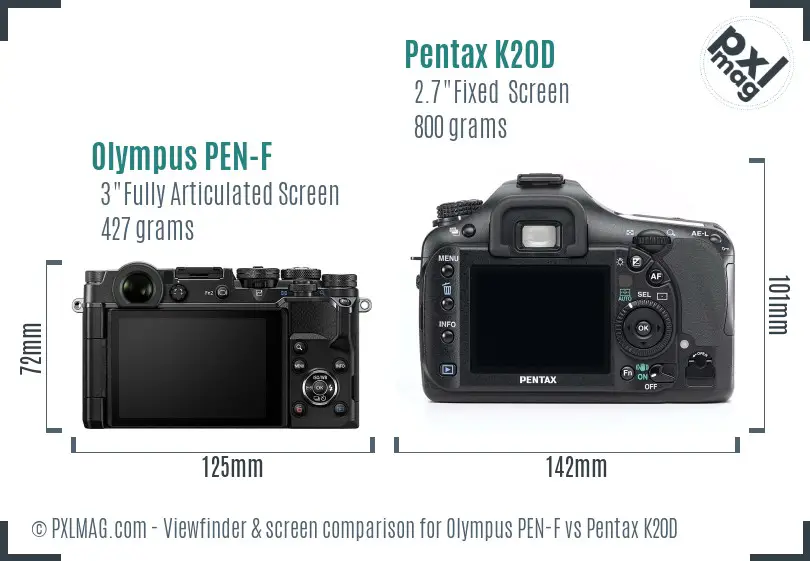Olympus PEN-F vs Pentax K20D Screen and Viewfinder comparison