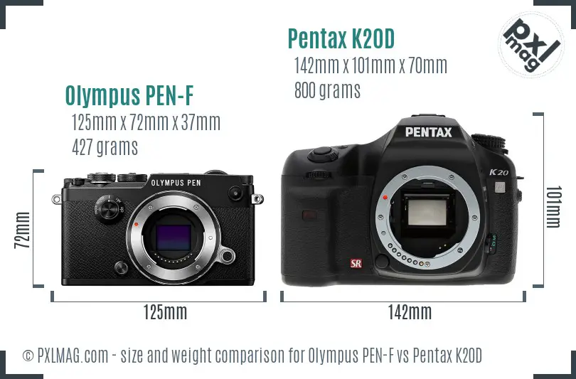 Olympus PEN-F vs Pentax K20D size comparison
