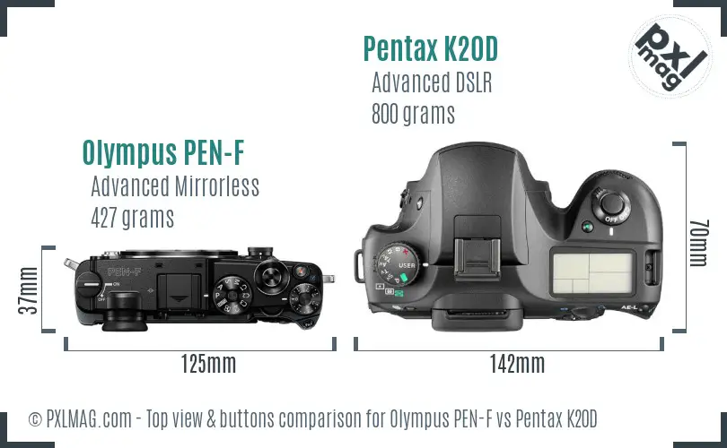Olympus PEN-F vs Pentax K20D top view buttons comparison