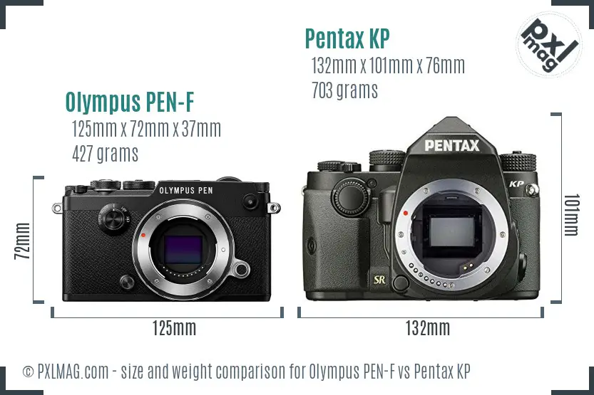 Olympus PEN-F vs Pentax KP size comparison