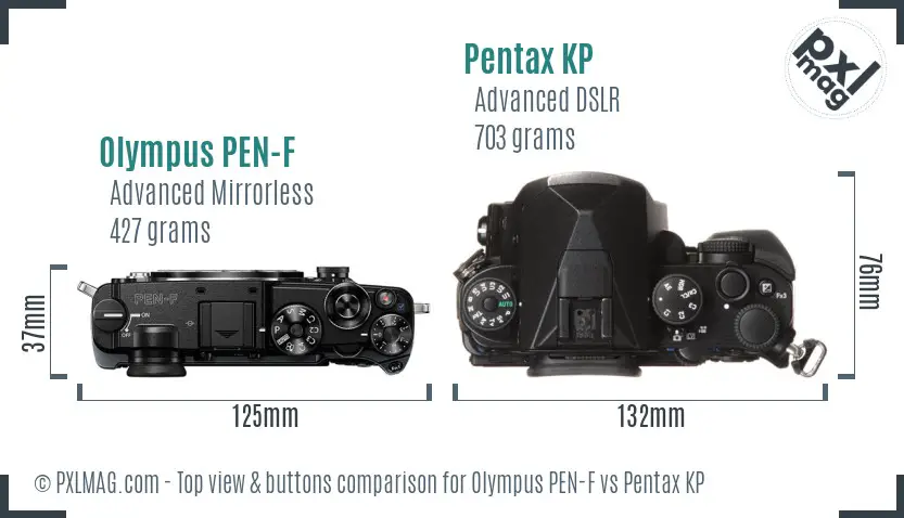 Olympus PEN-F vs Pentax KP top view buttons comparison
