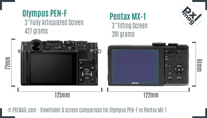 Olympus PEN-F vs Pentax MX-1 Screen and Viewfinder comparison