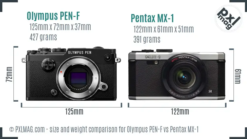 Olympus PEN-F vs Pentax MX-1 size comparison