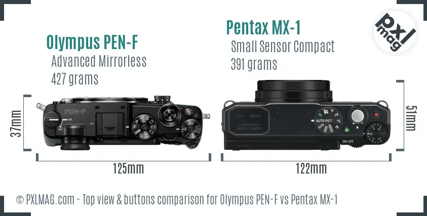 Olympus PEN-F vs Pentax MX-1 top view buttons comparison