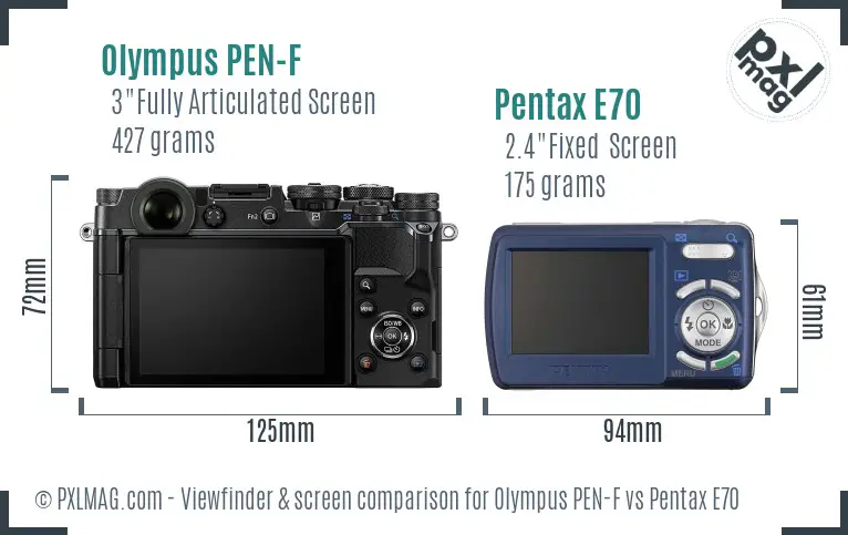 Olympus PEN-F vs Pentax E70 Screen and Viewfinder comparison