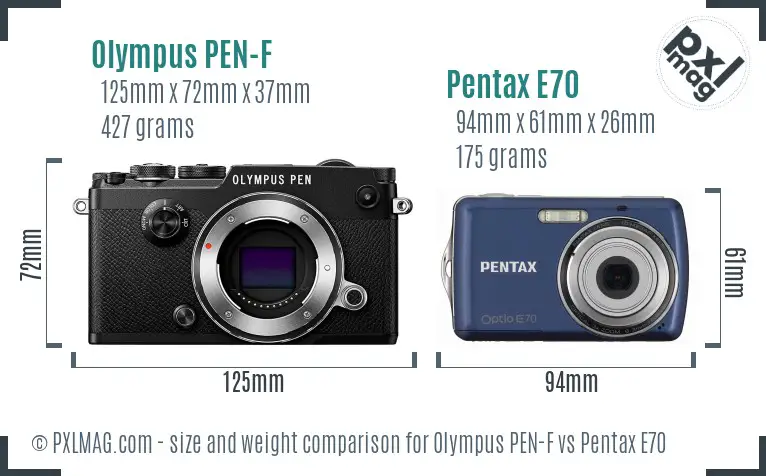 Olympus PEN-F vs Pentax E70 size comparison
