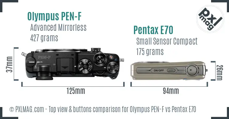 Olympus PEN-F vs Pentax E70 top view buttons comparison