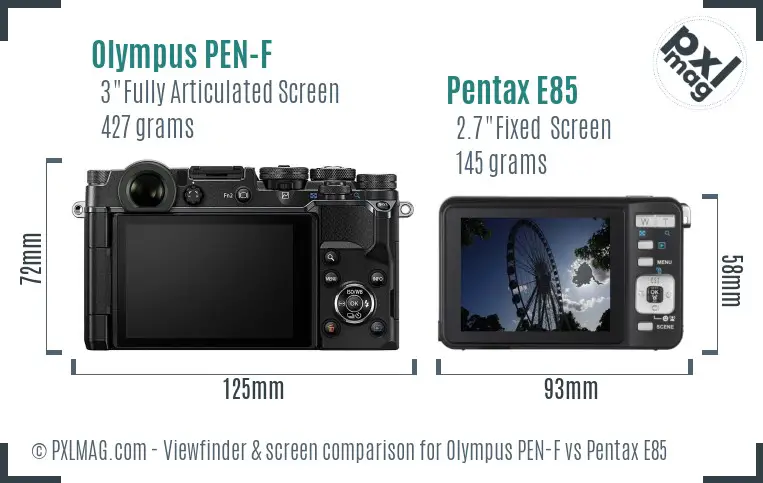 Olympus PEN-F vs Pentax E85 Screen and Viewfinder comparison
