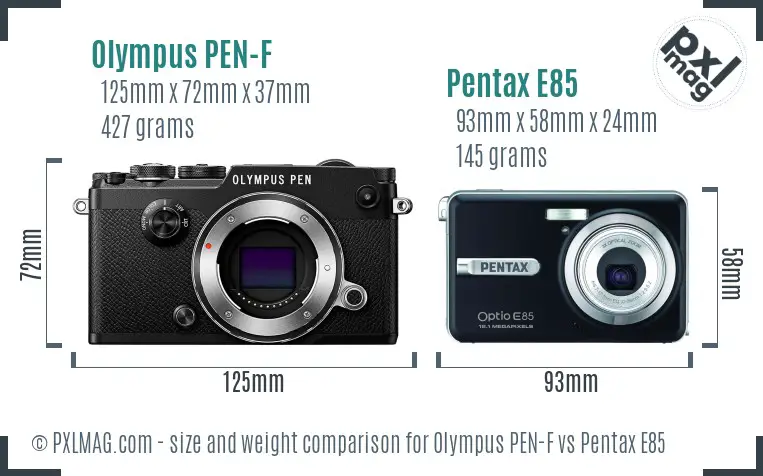 Olympus PEN-F vs Pentax E85 size comparison