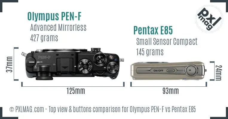 Olympus PEN-F vs Pentax E85 top view buttons comparison