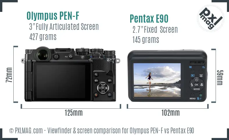 Olympus PEN-F vs Pentax E90 Screen and Viewfinder comparison
