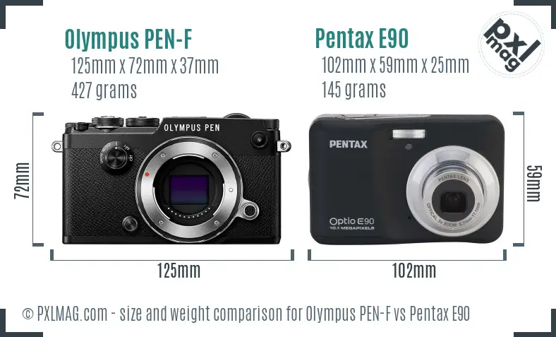 Olympus PEN-F vs Pentax E90 size comparison