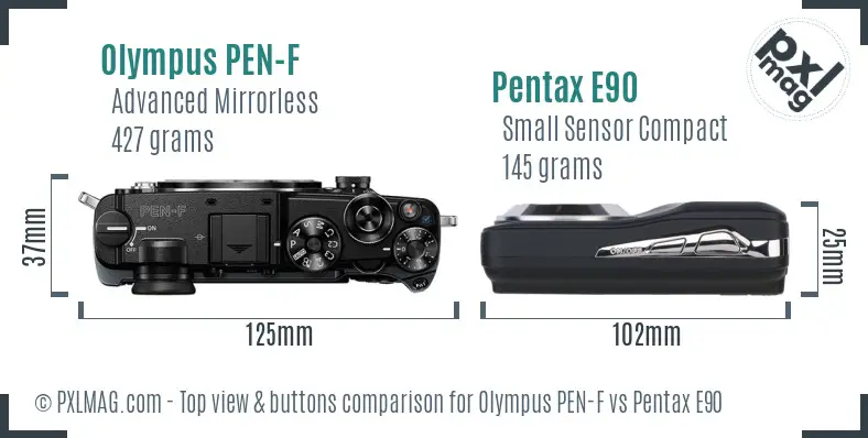 Olympus PEN-F vs Pentax E90 top view buttons comparison