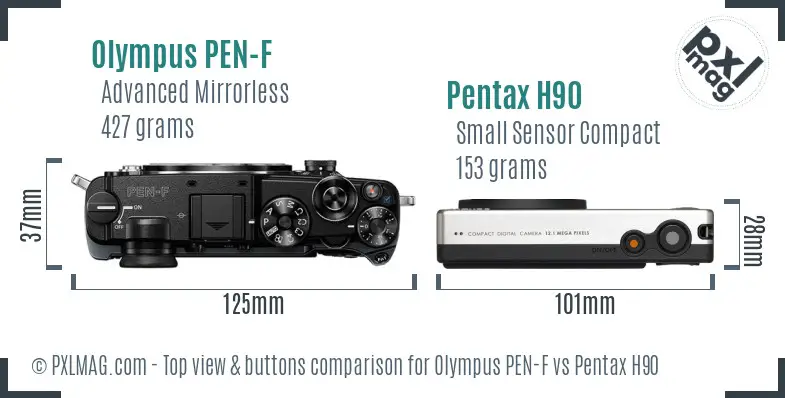 Olympus PEN-F vs Pentax H90 top view buttons comparison