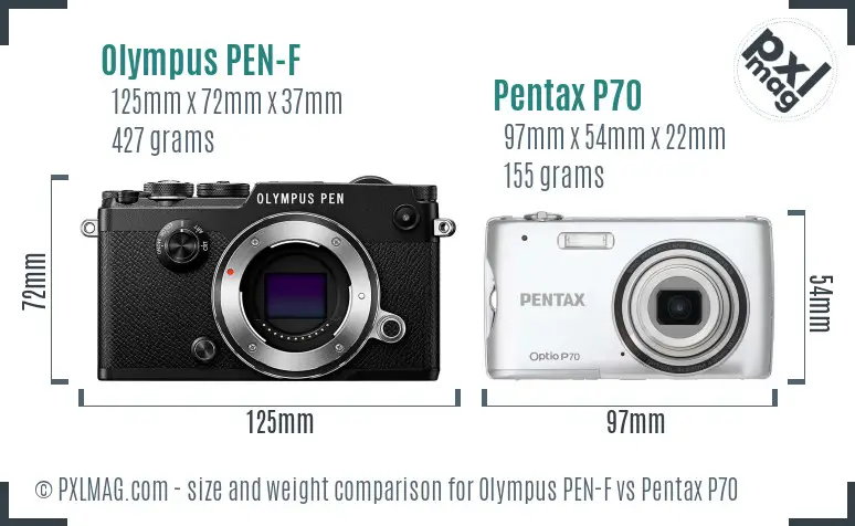 Olympus PEN-F vs Pentax P70 size comparison