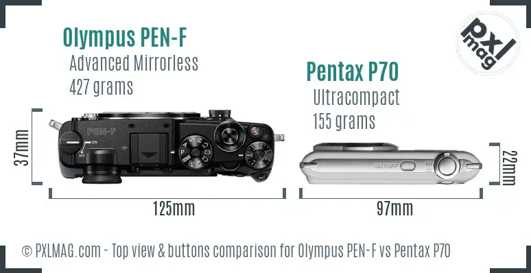 Olympus PEN-F vs Pentax P70 top view buttons comparison