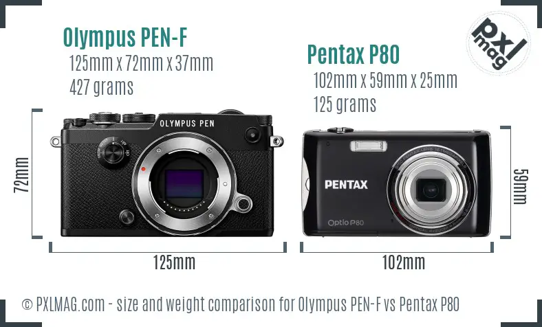 Olympus PEN-F vs Pentax P80 size comparison