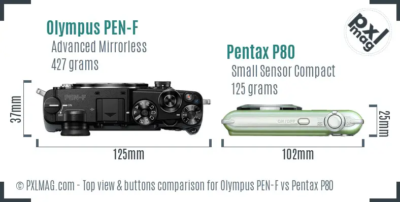 Olympus PEN-F vs Pentax P80 top view buttons comparison