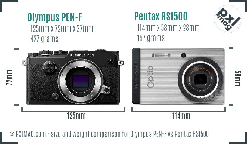 Olympus PEN-F vs Pentax RS1500 size comparison