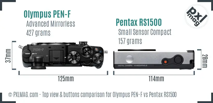 Olympus PEN-F vs Pentax RS1500 top view buttons comparison