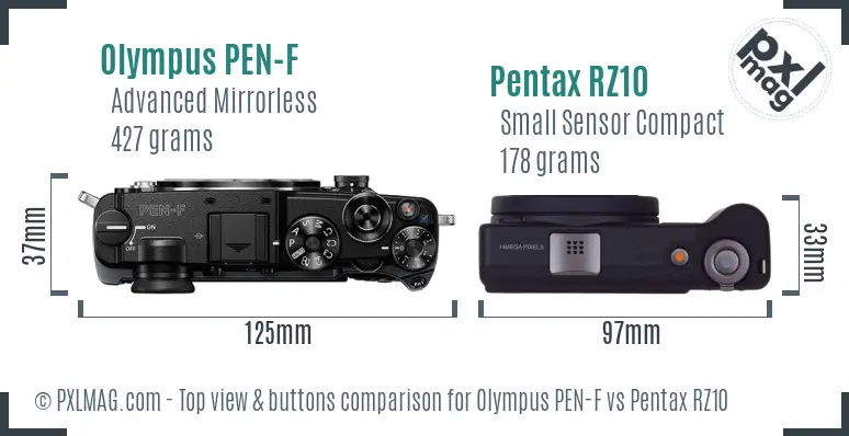 Olympus PEN-F vs Pentax RZ10 top view buttons comparison