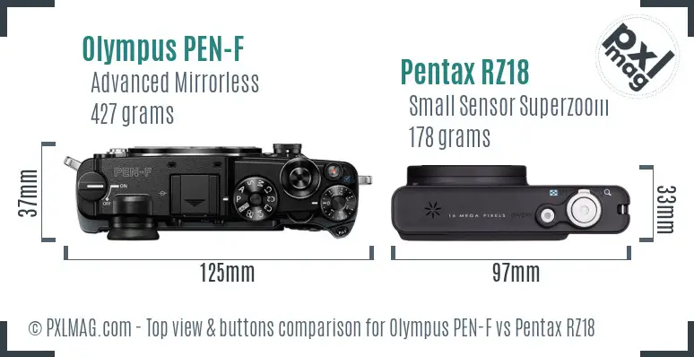 Olympus PEN-F vs Pentax RZ18 top view buttons comparison