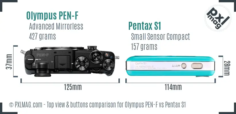 Olympus PEN-F vs Pentax S1 top view buttons comparison