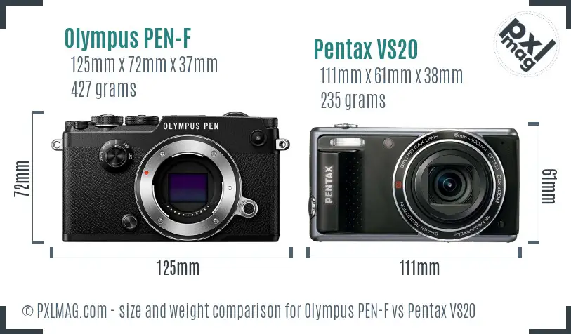 Olympus PEN-F vs Pentax VS20 size comparison