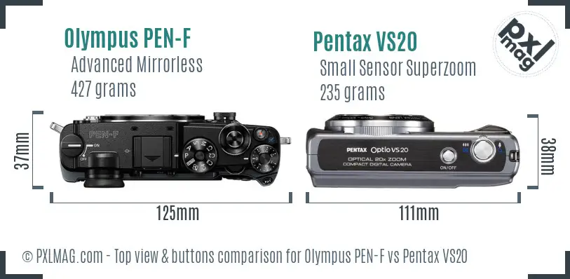 Olympus PEN-F vs Pentax VS20 top view buttons comparison