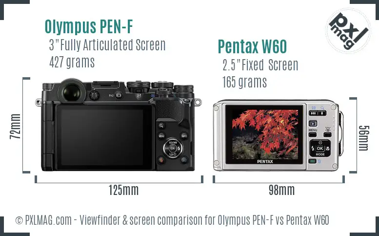 Olympus PEN-F vs Pentax W60 Screen and Viewfinder comparison