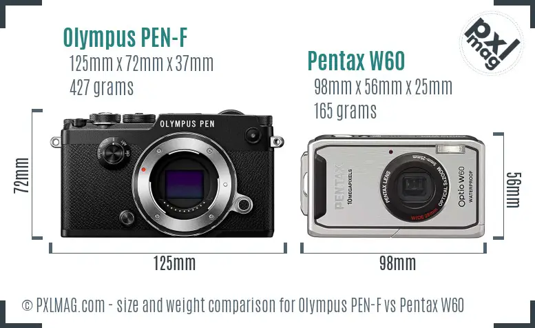 Olympus PEN-F vs Pentax W60 size comparison